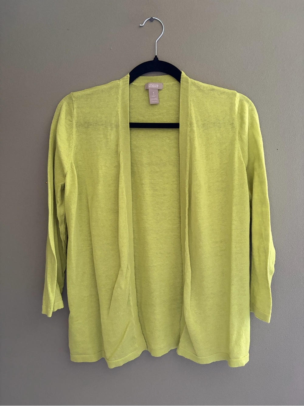 Chico’s Lime Green Open Front Cardigan Sweater Size 1 Linen Cotton Lightweight